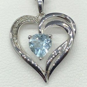 Two Hearts Forever One Sterling Silver blue Topaz & Diamond Necklace NWB $225
